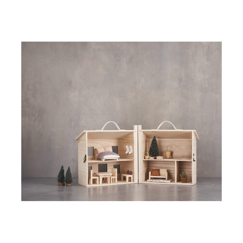 Mobilier Maison De Poupée - Chambre Parentale + 2 Lits Simples En Bois, Occasion